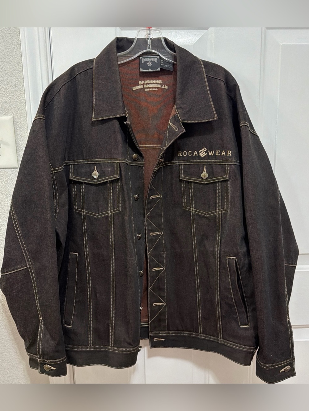 Vintage ROCAWEAR Mens Stylish Denim Dark Brown Button Jean Jacket Size Xl